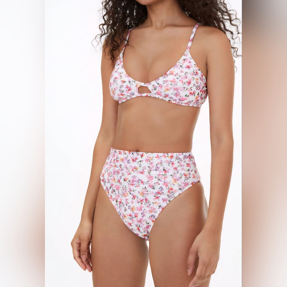 Aeropostale Pink and White Floral Highwaisted Bralette Bikini Set